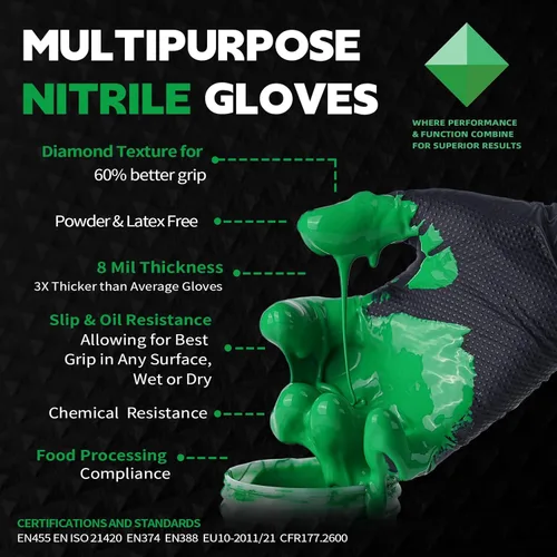 Miniatura 2 de FINITEX Industrial Diamond Texture Nitrile Black Glove - 100/1000PCS Chemical Resistant 8mil Mechanic Disposable Gloves Negro (Large 100)
