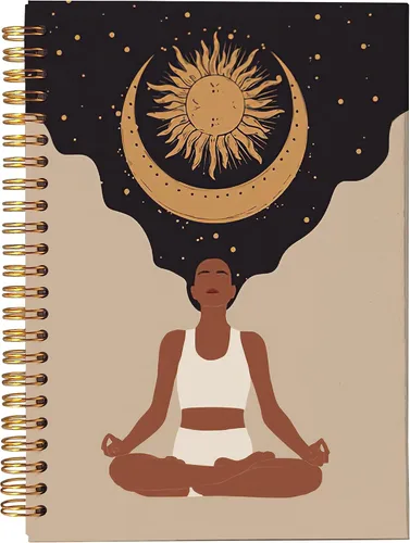 Cuaderno abstracto bohemio con rayas en espiral para meditación, niña negra, 8.3 x 5.5 pulgadas, tapa dura, con rayas universitarias, diario para
