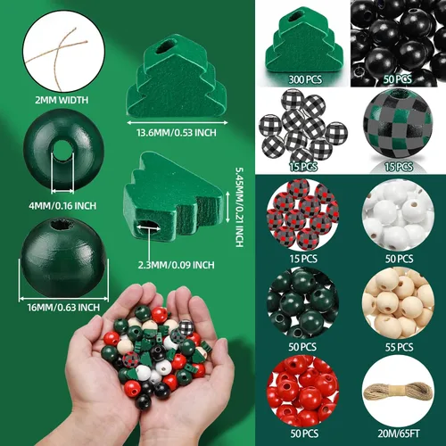 Miniatura 2 de Cuentas de madera de Navidad de 0.63 pulgadas, cuentas de madera rústicas de granja y cuentas en forma de árbol de Navidad de 0.47 pulgadas