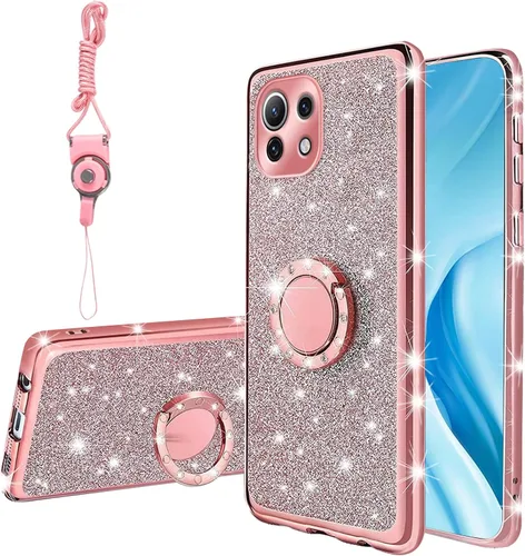 Miniatura 9 de Funda para Xiaomi Mi 11 Lite 4G/5G, cubierta protectora de TPU suave con cristal de purpurina con soporte de anillo 360, púrpura brillante Purpura