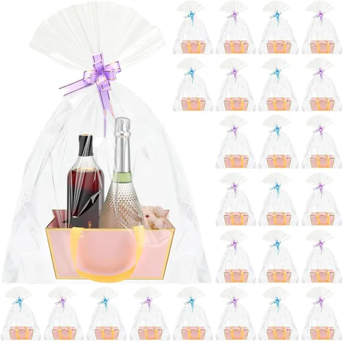 Miniatura 8 de Tuanse 30 Piezas Canasta para Regalo Vacía Kit de Cesta de Regalo DIY a Granel con Asa Bandeja de Cartón Kraft con 30 Bolsas 30 Lazos Bandeja
