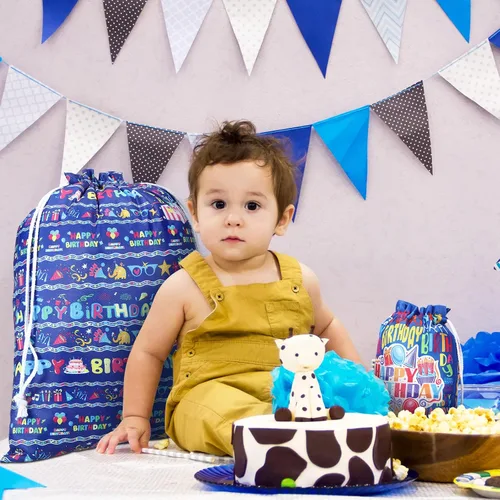 Miniatura 3 de Chapou 4 bolsas grandes de regalo de cumpleaños con cordón de 20 pulgadas, grandes de 12 pulgadas, medianas, reutilizables, de tela azul, para baby
