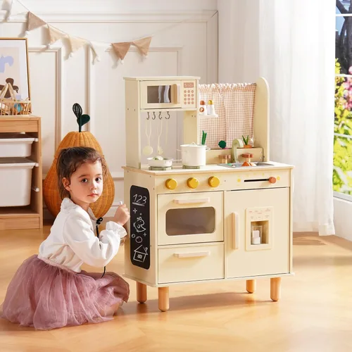 Miniatura 8 de ROBOTIME Juego de cocina de madera para niños, cocina de simulación para niños pequeños con microondas, fregadero, estufa y máquina de hielo, juego