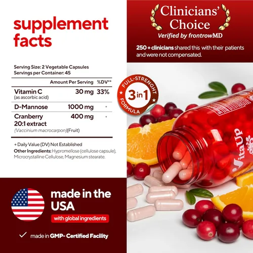 Miniatura 2 de VitaUp D-manosa con arándano y vitamina C - Cápsulas de D-manosa 1000 mg fabricadas en EE. UU. - Pastillas de arándano para el tracto urinario