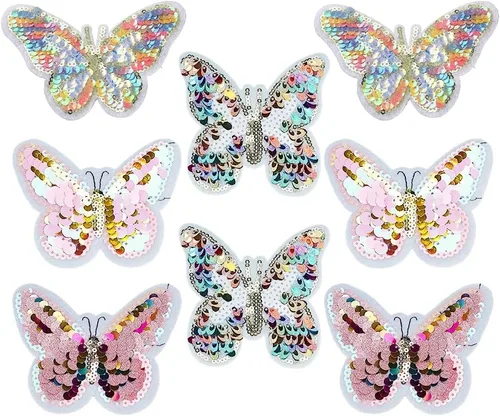 FINGERINSPIRE 8 parches de bordado de mariposa de lentejuelas, 4 estilos, parches de apliques de mariposa para planchar o coser, parches de tela con