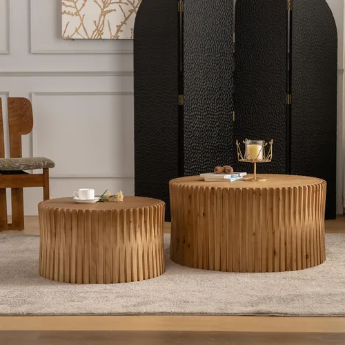 Miniatura 16 de Juego de 2 mesas de centro redondas negras de 55.12 pulgadas, mesa lateral moderna para sala de estar, diseño contemporáneo de círculo de madera