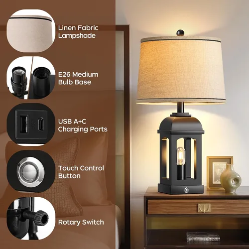 Miniatura 6 de QiMH Lámpara de mesa para sala de estar, lámparas de granja con USB A+C y luz nocturna, lámparas de noche rústicas de 26" con control táctil