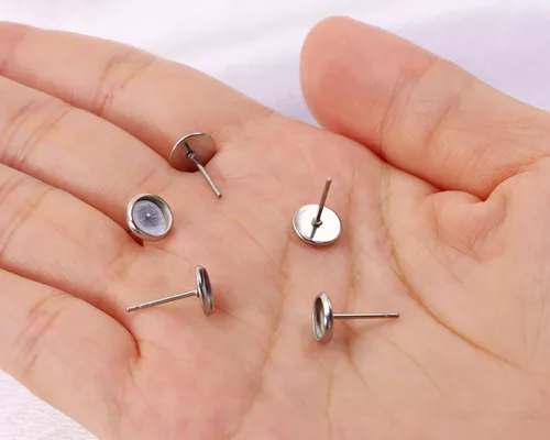 Miniatura 3 de Shapenty Aretes de bisel de cabujón en blanco de acero inoxidable, postes planos y redondos, bandeja de bisel para aretes de resina epoxi, bricolaje