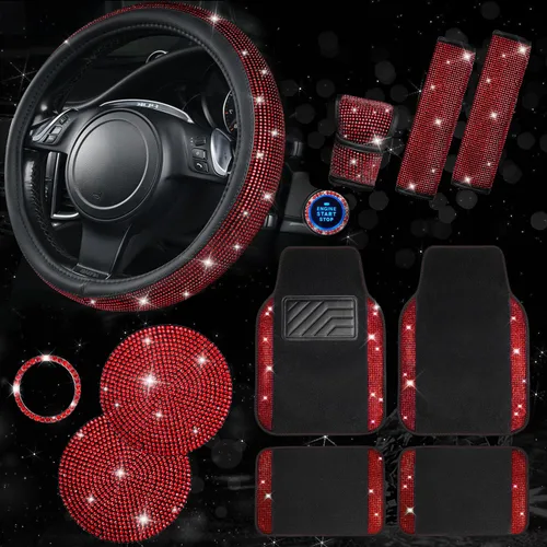 Miniatura 11 de CAR PASS Juego de fundas de asiento de coche con diamantes brillantes de 11 piezas, accesorios de coche con diamantes brillantes para mujer, funda