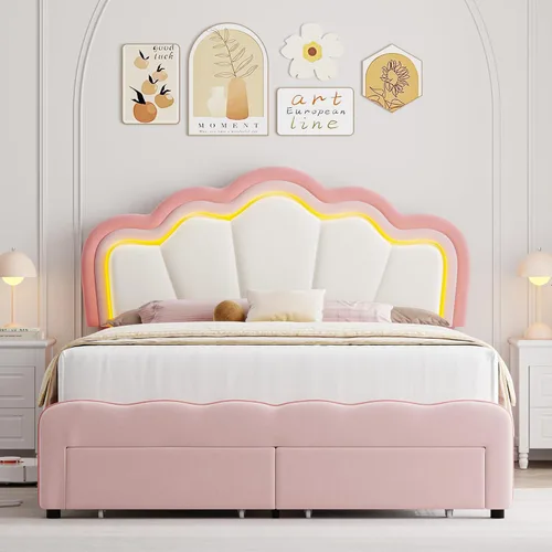 Miniatura 3 de HOSTACK Base de cama LED tapizada tamaño Queen con cajones de almacenamiento, bonita cama para niñas con cabecera de loto ajustable, marco de cama