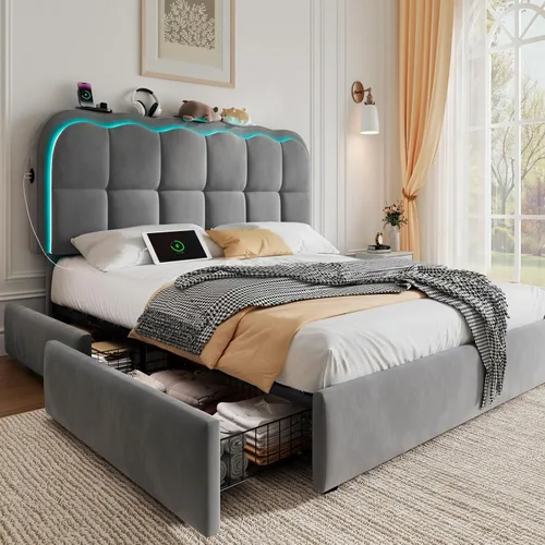 Miniatura 12 de CypBed Base de cama individual con cajones de almacenamiento y cabecero, base de cama LED tapizada de terciopelo para niños, marco de cama de metal