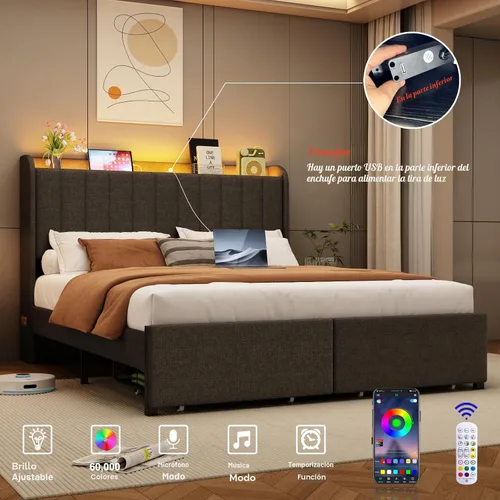 Miniatura 3 de Base de cama tamaño queen con cabecera de almacenamiento y 2 cajones, base de cama tapizada con luces LED y práctica estación de carga, no necesita