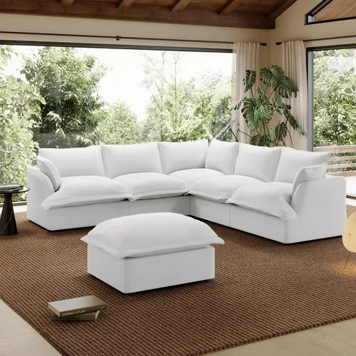 Miniatura 29 de Sofá modular de mezcla de lino para sala de estar, cómodo sofá modular con relleno de plumón, moderno sofá cama convertible con asiento profundo