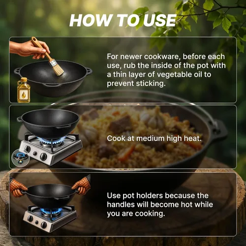Miniatura 5 de Kazán kazán uzbeko kazán para hacer Plov utensilios de cocina con aislamiento de doble asa de boca ancha, horno holandés de hierro fundido, olla