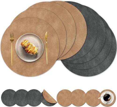 Miniatura 21 de Juego de 6 manteles individuales redondos y posavasos, manteles individuales reversibles lavables de cuero sintético con patrón de cuero de vaca