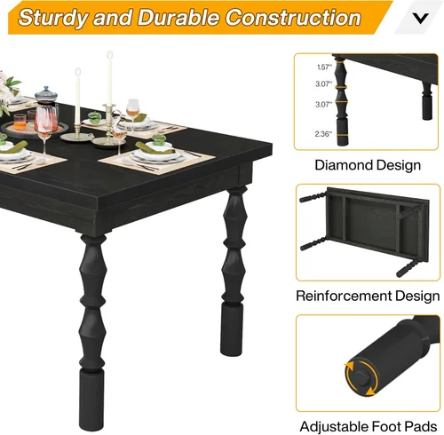 Miniatura 8 de Tribesigns Mesa de comedor de madera negra para 4 a 6 personas, mesa de cocina rectangular grande de 62 pulgadas, mesa de comedor moderna, muebles