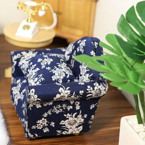 Miniatura 2 de Sofá de casa de muñecas con almohada, sofá miniatura a escala 1 y 12, muebles de sala de estar, marco de tela de madera, silla de lectura Azul