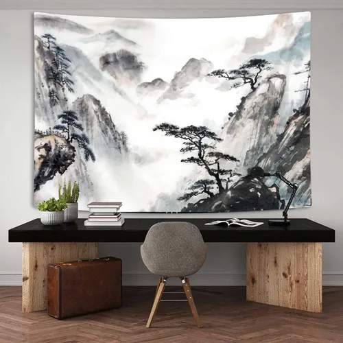 Hjokiupt Tapiz japonés, pintura de paisaje asiático, tinta oriental, acuarela, árbol de montaña, decoración abstracta de dormitorio, tapiz con