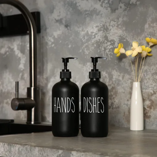 Miniatura 3 de MOMEEMO Juego de 2 dispensadores de jabón, contiene dispensador de jabón para platos y manos, perfecto para decoración de cocina negra (negro)