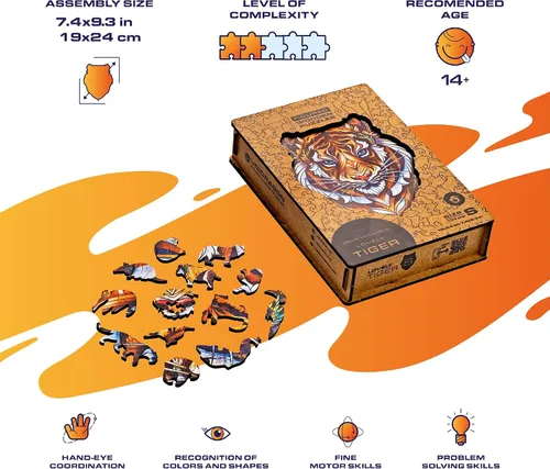 Miniatura 4 de UNIDRAGON Rompecabezas de madera originales, bonito tigre, 104 piezas, pequeño 7.4 x 9.3 pulgadas, hermoso paquete de regalo, forma única, el mejor