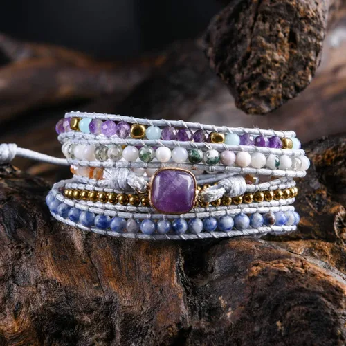 Miniatura 2 de YGLINE Pulsera de 5 envolturas de cera curativa con cuentas de piedra natural, Piedra