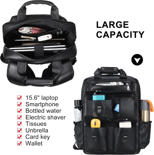 Miniatura 3 de Masa Kawa Mochila de cuero negro para hombre 15.6 pulgadas, bolsa para computadora portátil, múltiples bolsillos, casual, trabajo, negocios, viajes