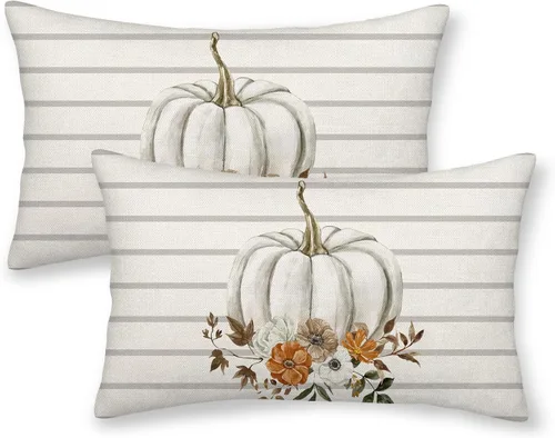 Miniatura 35 de AEIOAE - Juego de 2 fundas cuadradas de almohadones de lino para otoño con calabaza en tono naranja quemado y blanco, para decoración al aire libre