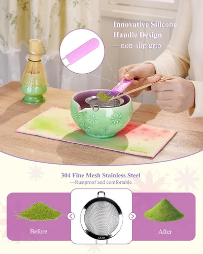 Miniatura 3 de Juego de batidor de matcha, juego de 6 piezas de matcha incluye cuenco matcha, innovador batidor y cuchara de bambú con bonito dije, soporte Chasen