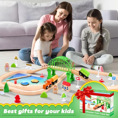 Miniatura 8 de Juego de tren de madera de 61 piezas para niños pequeños de 3 a 8 años, pista de tren expandible de doble cara con rompecabezas y juguetes de pesca