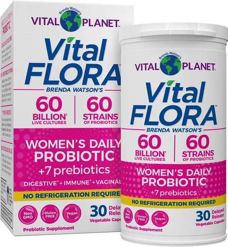 Vital Planet - Probióticos Vital Flora para mujeres, 60 mil millones de UFC, diversas cepas, probiótico diario estable con prebióticos orgánicos,
