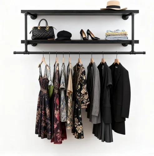 Miniatura 13 de 58.2 pulgadas-Boutiques Perchero de ropa montado en la pared Percheros de pared Barra colgante Percheros Organizador Organizador Sistema colgante