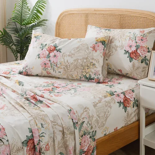 Miniatura 43 de Zusbest Juego de sábanas florales de 100 % algodón percal, color naranja y amarillo, juego de sábanas suaves y transpirables con diseño botánico