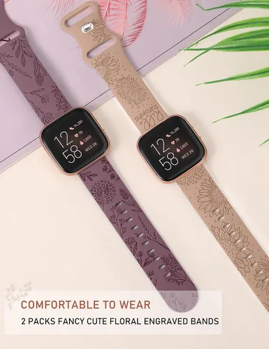 Miniatura 4 de Minyee Paquete de 2 correas con grabado floral compatibles con Fitbit Versa 2/Fitbit Versa/Versa Lite para mujeres, linda correa deportiva