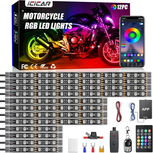 12 luces de motocicleta con control de aplicación, modo de música RGB de 16 millones de colores, función de luz de freno IP68 impermeable con doble