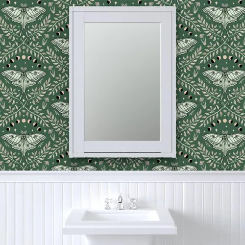 Miniatura 9 de Spoonflower Papel tapiz autoadhesivo de 12 x 2 pies – Polillas Damasco Luna Verde Oliva Hojas Grandes Celestial Papel tapiz extraíble personalizado