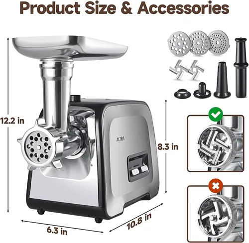 Miniatura 8 de ALTRA LIFE Picadora de carne eléctrica, relleno de salchichas máximo de 2800 W con 2 cuchillas, 3 platos, tubo de salchicha, rallador de queso