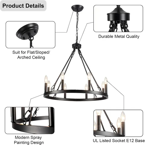 Miniatura 6 de Candelabro Negro de Rueda de Vagón Diámetro 26 pulgadas 8 Luces Candelabros Negros Estilo Granja para Comedor Lámpara Colgante Redonda Rústica