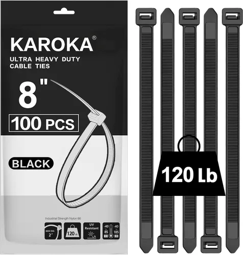 Bridas de cremallera de 8 pulgadas resistentes con resistencia a la tracción de 120 libras, bridas negras para cables, 100 piezas Karoka