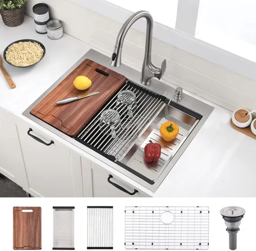 Miniatura 17 de Estación de trabajo de fregadero de cocina de 33 pulgadas - VOKIM 33 x 22 pulgadas, fregadero de cocina de montaje superior de 16 calibre, fregadero