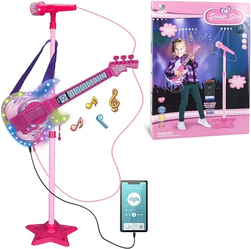 TAKIHON Juego de guitarra y micrófono para niños, juguetes de guitarra con música y luz colorida, micrófono de altura ajustable con soporte,