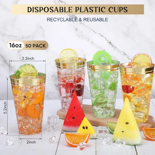 Miniatura 2 de Sliner 50 vasos de plástico duro con doble aro, copas de vino resistentes para vacaciones, Navidad, Año Nuevo, suministros de fiesta de cumpleaños