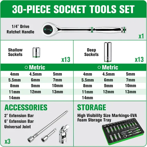 Miniatura 4 de SK Juego de llaves de 1/4 pulgadas con trinquete de 160 dientes, 30 piezas, métricas, acabado SuperKrome, construcción premium CR-V, con organizador