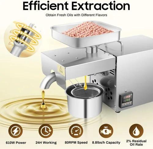 Miniatura 2 de Máquina de prensa de aceite de 1500 W Expel, máquina automática de prensa de aceite de acero inoxidable eléctrica fría caliente con panel de control
