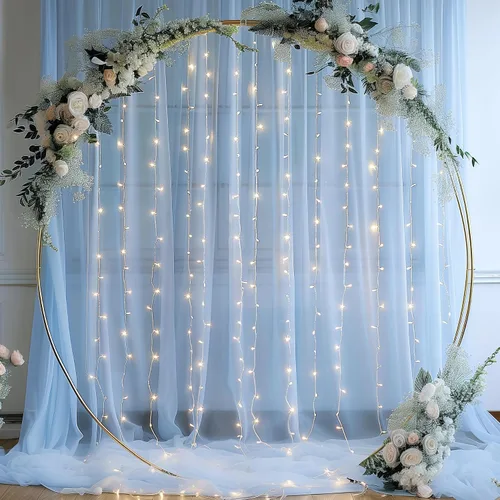 Miniatura 8 de Cortina de telón de fondo de tul azul bebé de 10 x 8 pies con cadena de luces para fiestas, cortinas de fondo transparentes para bodas, baby shower