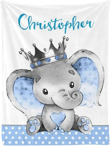 Manta de bebé personalizada de príncipe elefante, manta personalizada para guardería, 30 x 40 pulgadas, para bebé, niño y niña, con nombre para baby