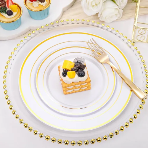 Miniatura 5 de bUCLA 600 platos de plástico blanco y dorado, juego de vajilla desechable dorada para 100 invitados, incluye 100 platos de cena y 100 platos