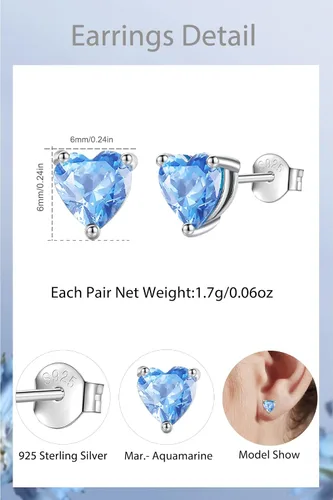 Miniatura 3 de Vito Aretes de plata de ley 925 con piedra natal para mujer, circonita cúbica hipoalergénica, regalo de cumpleaños para mamá, esposa, hija, abuela