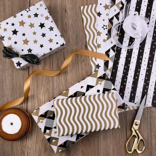 Miniatura 2 de Papel de regalo plegado negro, blanco y dorado, diseño mate, estrellas, rayas, ondulaciones, cuadros para cumpleaños, Navidad, graduaciones, bodas