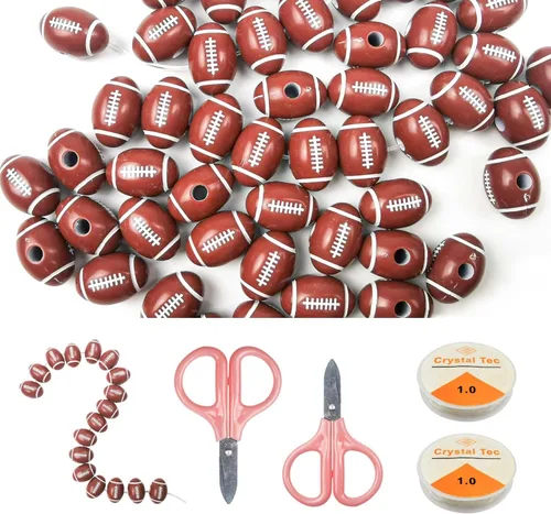 150 cuentas deportivas de fútbol americano para fabricación de joyas, cuentas deportivas y manualidades con 2 cordones elásticos de cristal, 2