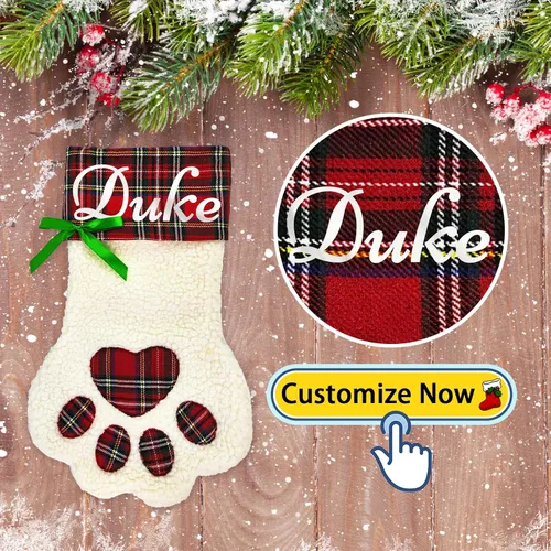 Miniatura 2 de Calcetines de Navidad personalizados para perros, patas de perro con nombre, sherpa sintético blanco con puño a cuadros rojos y detalles de hueso